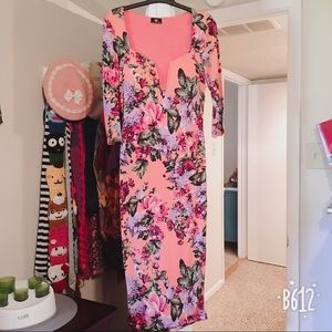 Floral Deep V Bodycon Midi Dress - Pink & Purple